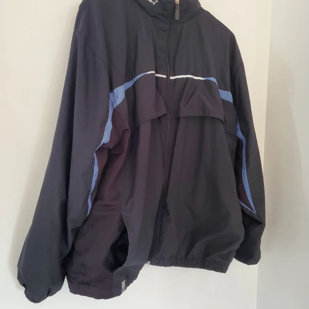 STARTER Men L Black Blue Windbreaker Jacket Full Zip Pockets Hood 90s Y2K